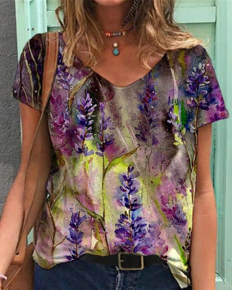 

Floral Print Short Sleeve V Neck Casual T-Shirt, Style8