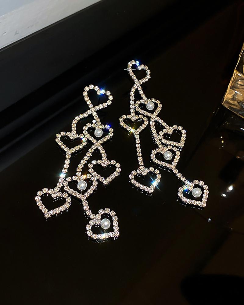 

1Pair Pearls Heart Rhinestone Drop Earrings, Silver