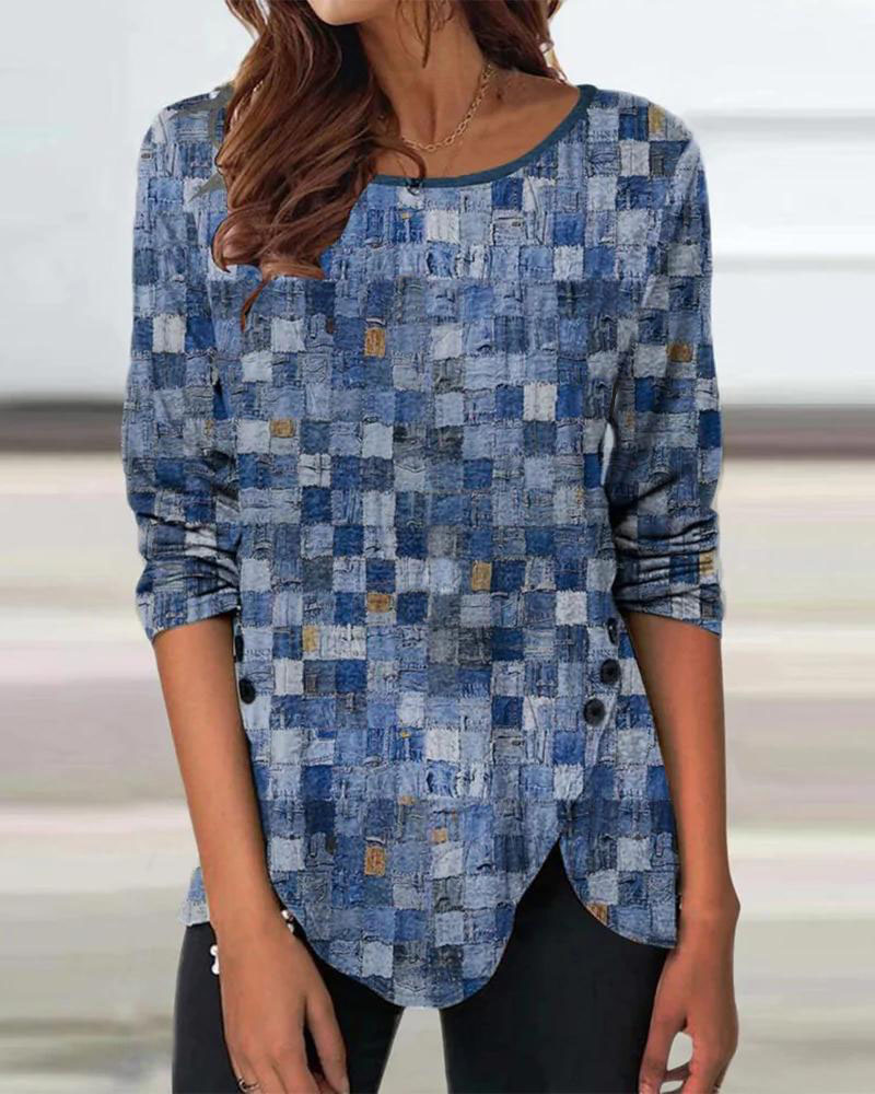 

Denim Look Print Asymmetrical Hem Casual Top, Blue