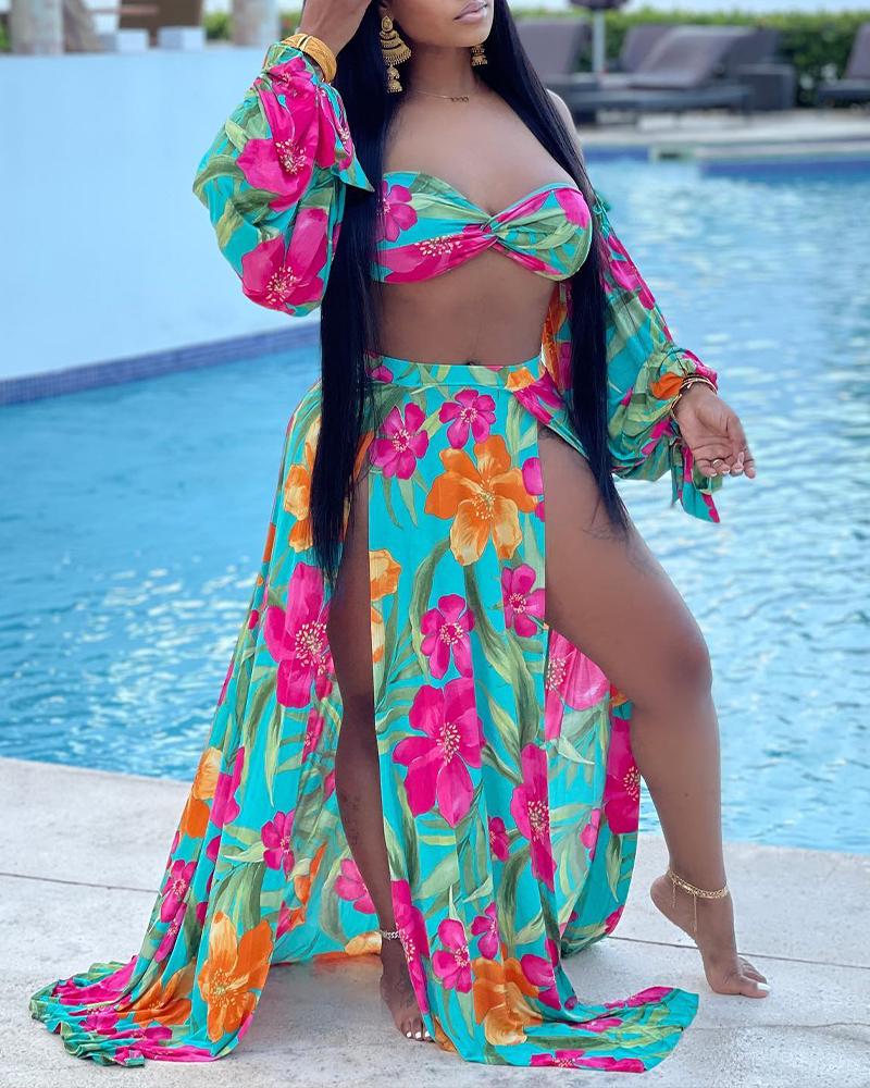 

Floral Print Off Shoulder Crop Top & High Slit Skirt Set, Multicolor