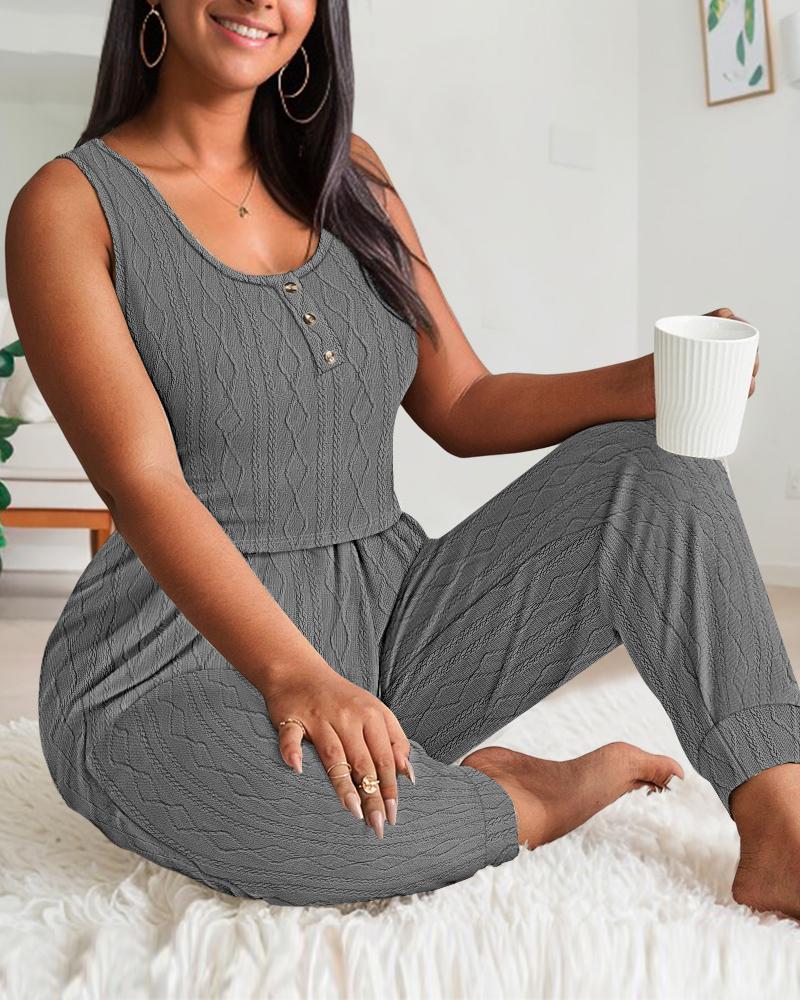 

Plus Size U-Neck Drawstring Cable Textured Pajamas Set, Gray