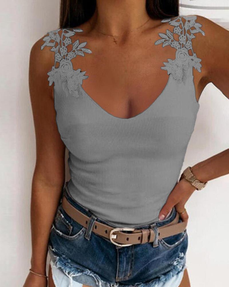 

Contrast Lace V-Neck Tank Top, Gray