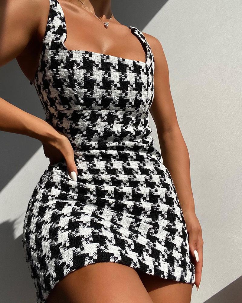 

Houndstooth Print Casual Tank Dress, Black