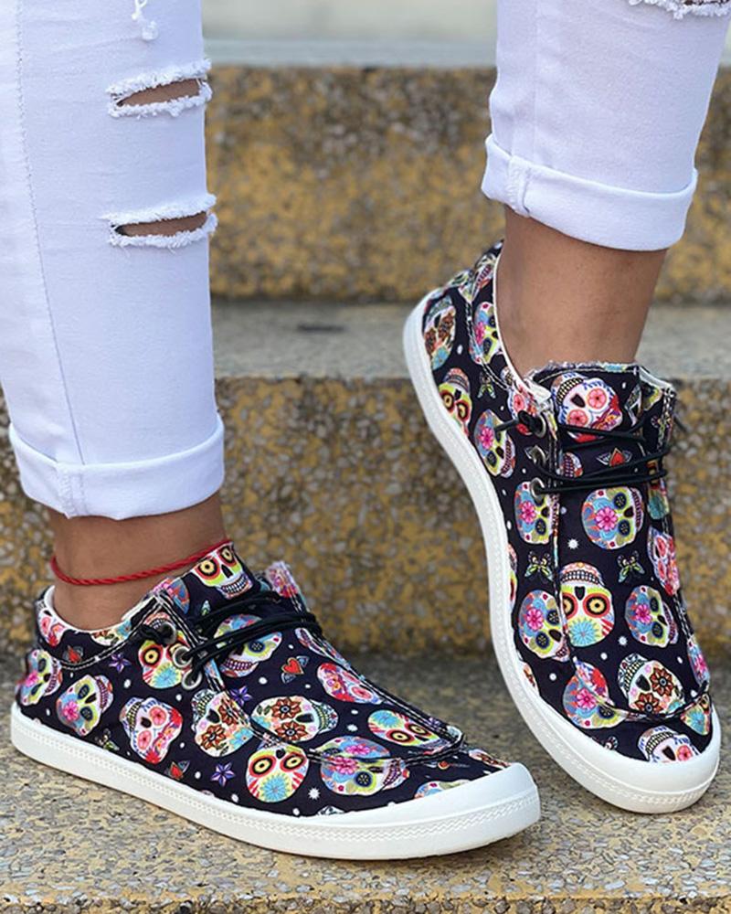 

Halloween Skull Print Lace-up Canvas Sneakers, Multicolor