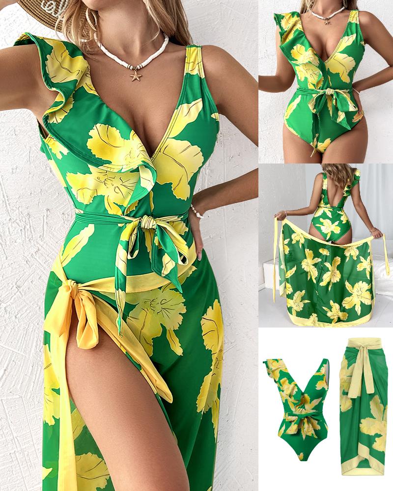 

Plants Print Ruffle Hem One-Piece Swimsuit With Cover Up, Green