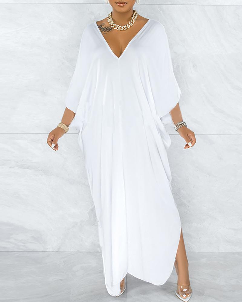 

Batwing Sleeve V Neck High Slit Maxi Dress, White
