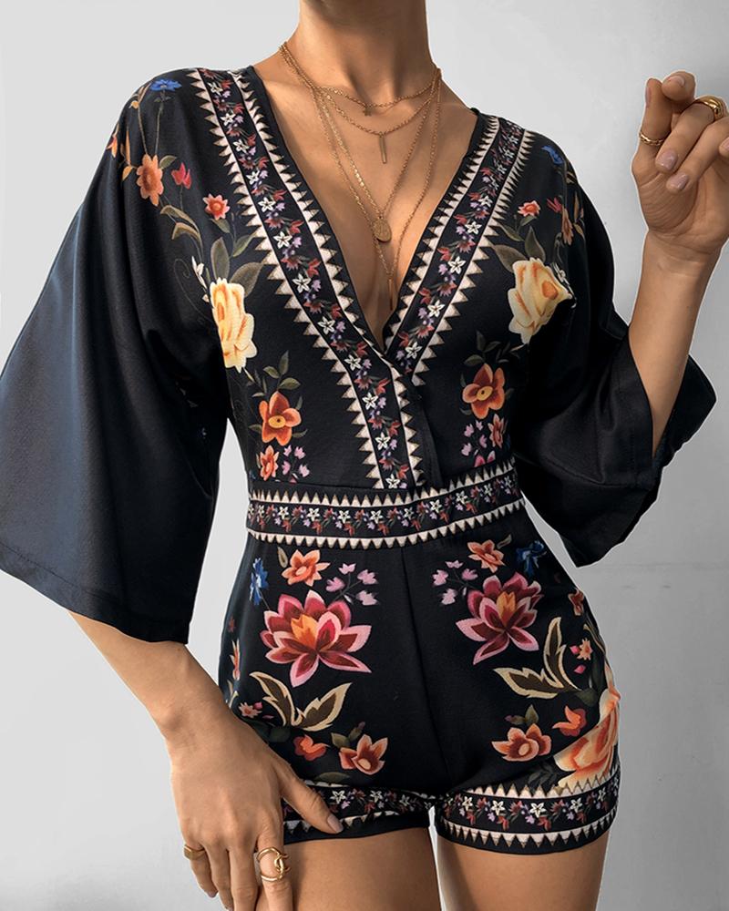 

Floral Print Backless Casual Romper, Black