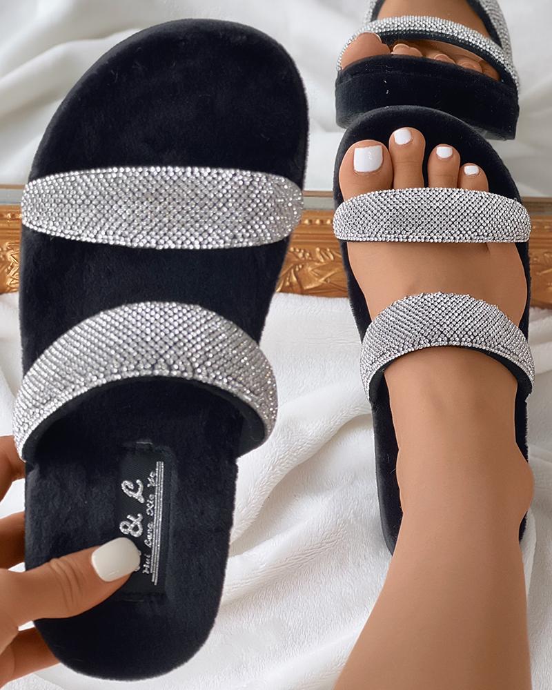 

Double Strap Rhinestone Fuzzy Slippers, Black