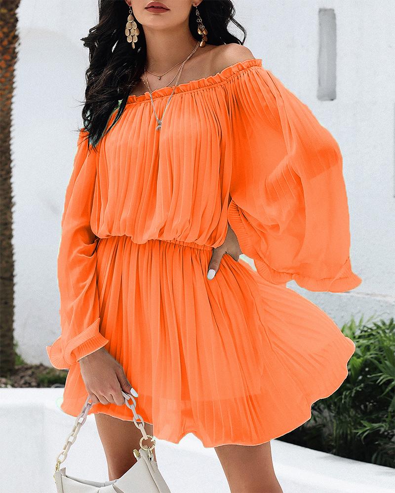 

Plain Off Shoulder Ruched Bell Sleeve Casual Dress, Orange