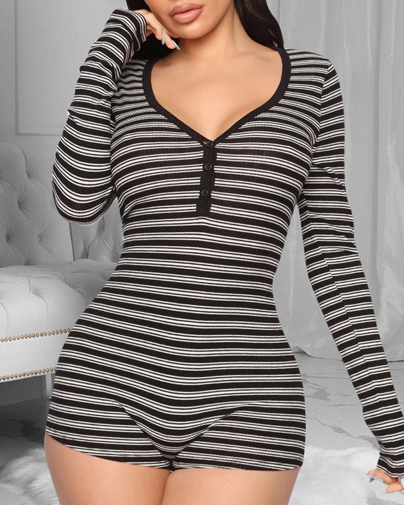 

Striped Button Design Lounge Romper, Black