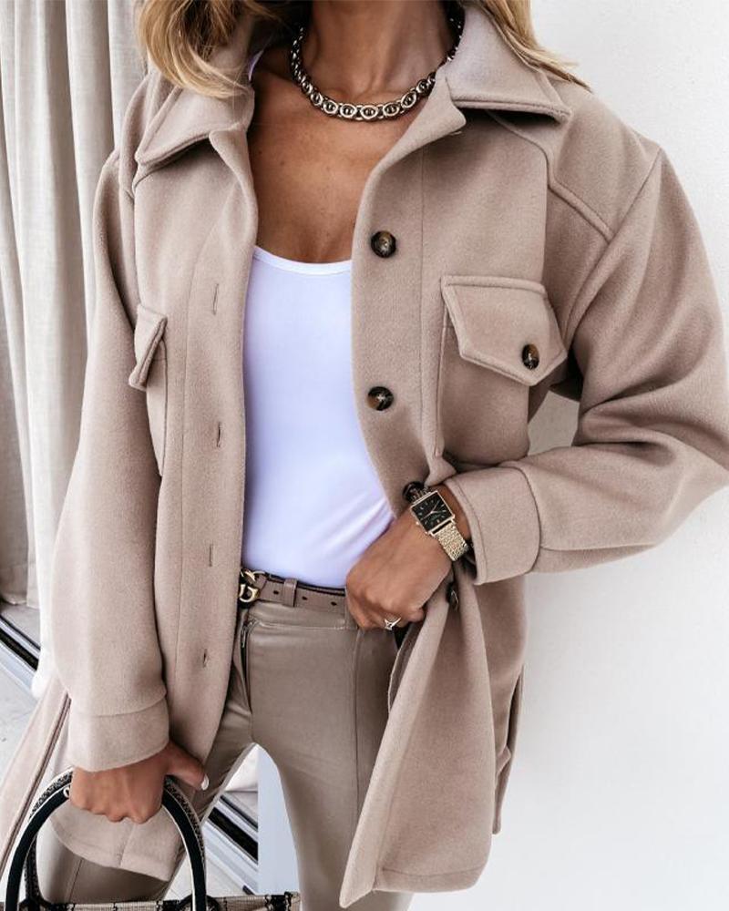 

Flap Detail Drop Shoulder Button Up Coat, Khaki