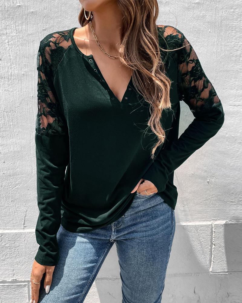 

Contrast Lace Long Sleeve Eyelet V-Cut Top, Green