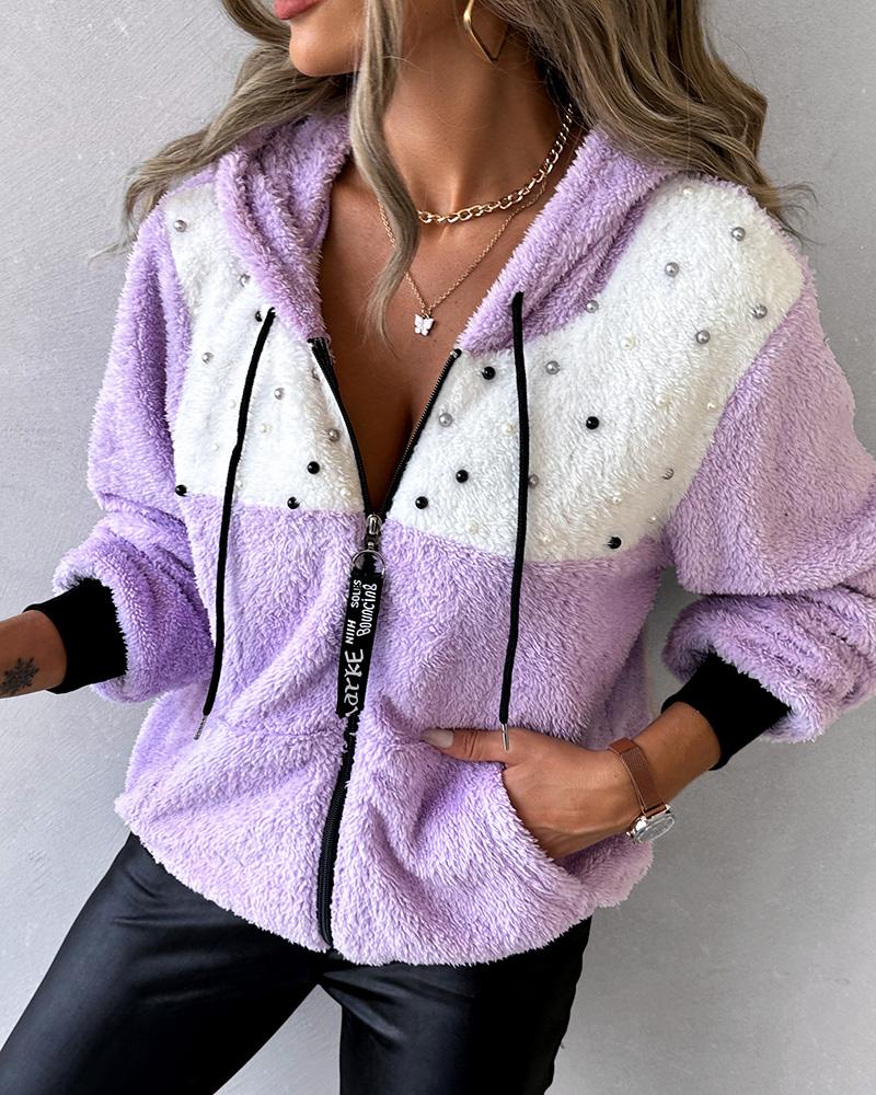 

Colorblock Zipper Design Random Beaded Hooded Coat, Purple