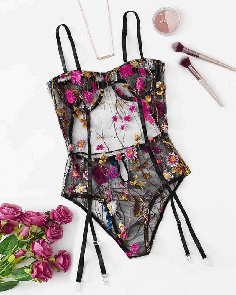 

Floral Embroidery Sheer Mesh Teddy, Black