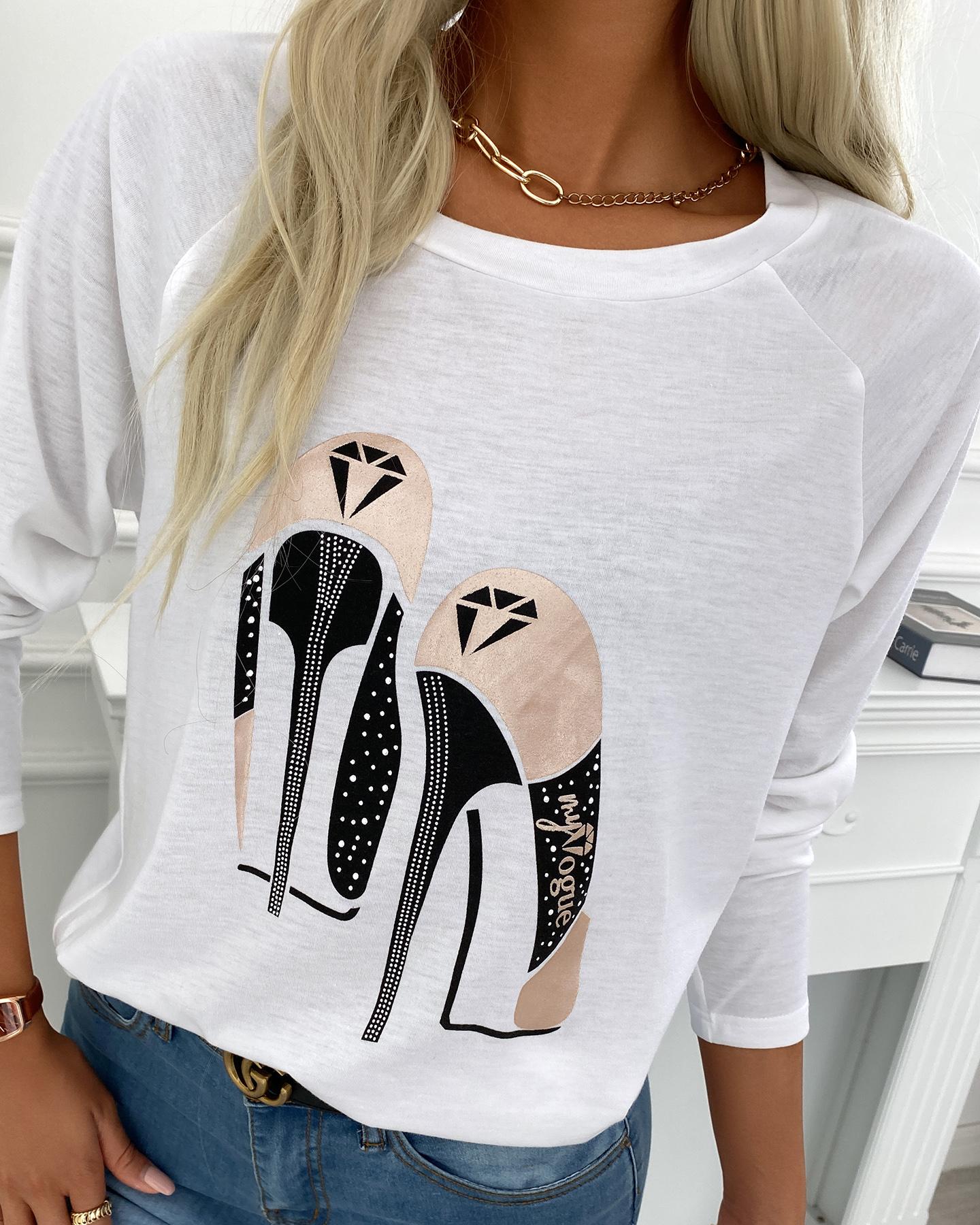 

High Heels Print Long Sleeve Casual T-shirt, White