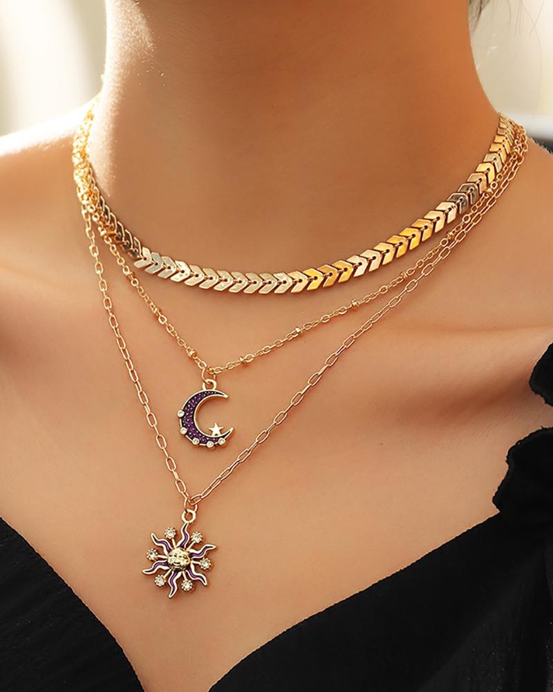 

3pcs Fishbone Sun Moon Pattern Chain Necklace, Gold