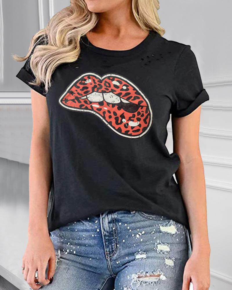 

Leopard Lip Print Short Sleeve T-shirt, Style1