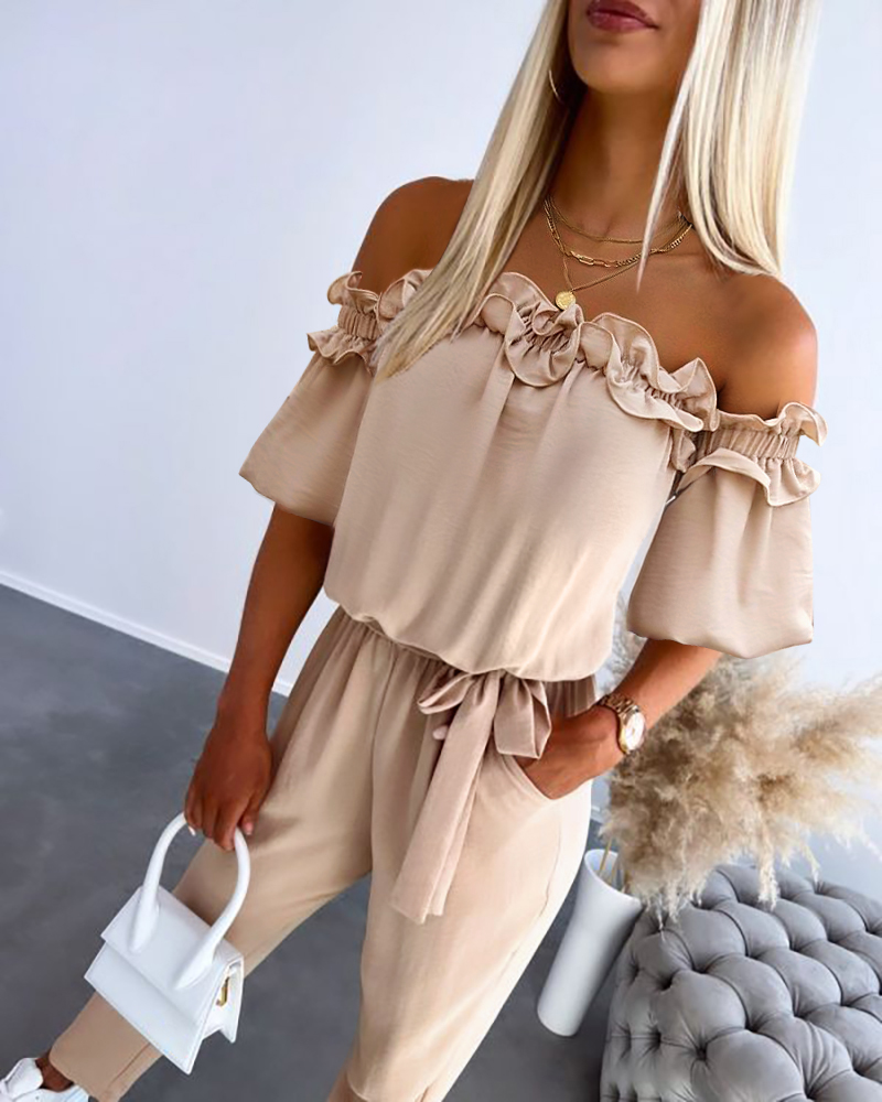 

Off Shoulder Frill Hem Tied Detail Jumpsuit, Apricot