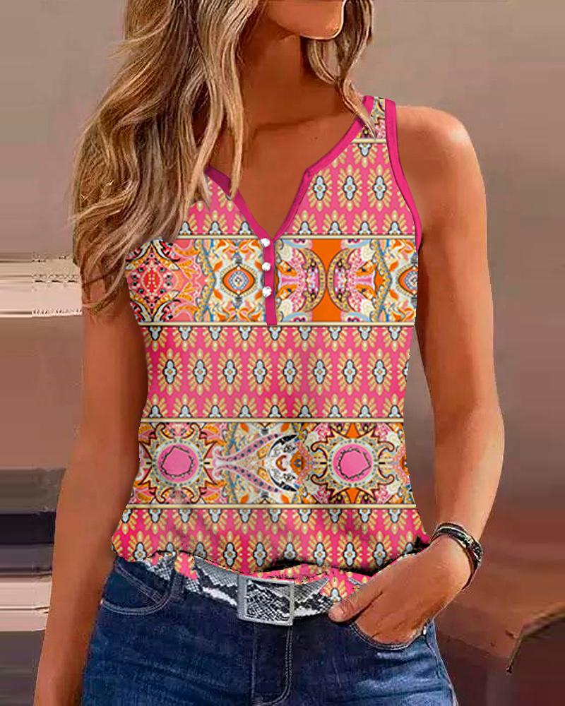 

Tribal Print Notch Neck Tank Top, Pink