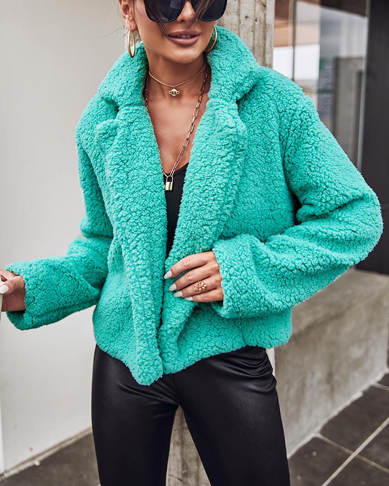 

Notched Collar Buttoned Teddy Coat, Green