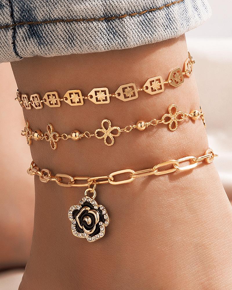 

3pcs Valentine's Day Stackable Floral Geometric Chain Anklets Set, Gold