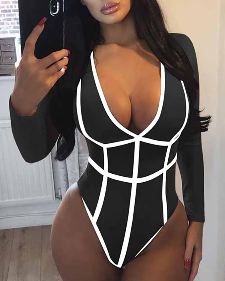 

Contrast Binding Long Sleeve Bodysuit, Black