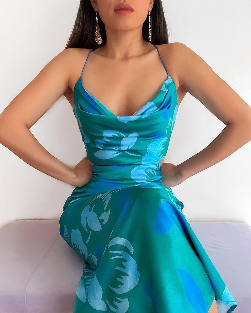 

Floral Print Satin Sleeveless Party Dress, Blue