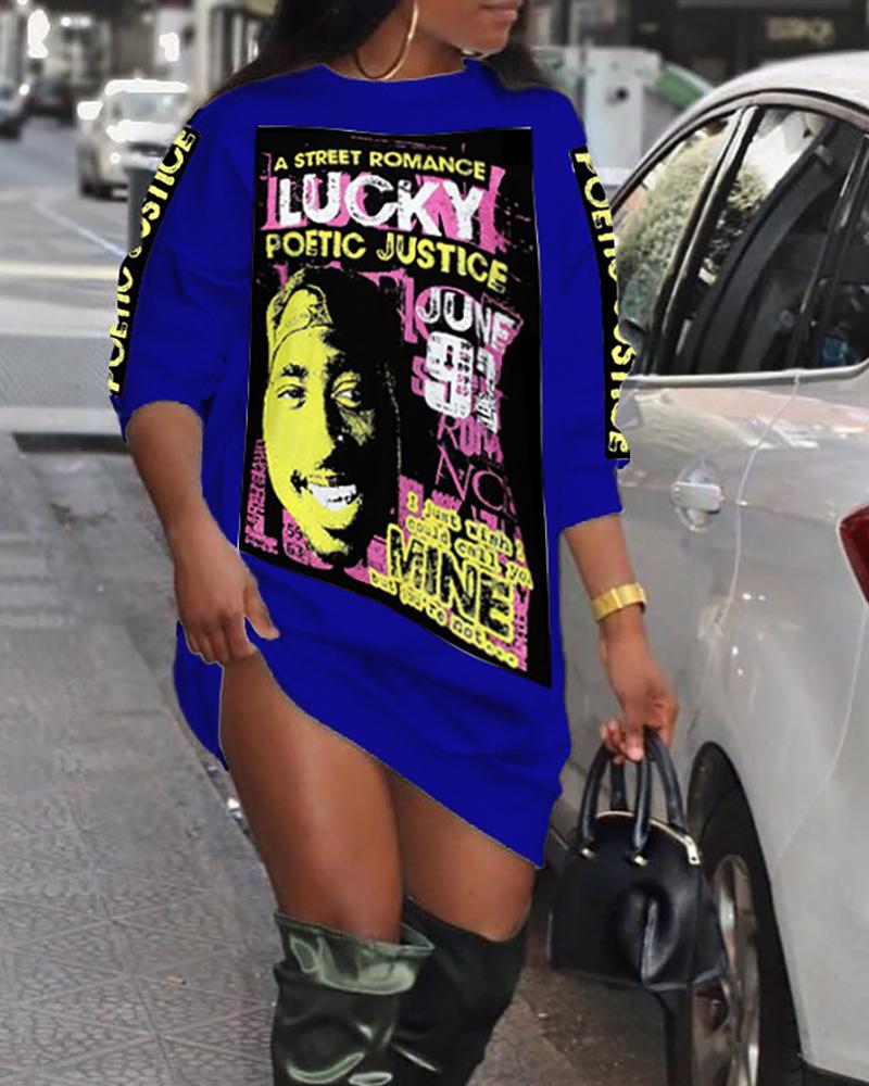 

Figure Letter Print Long Sleeve Sweatshirt Dress, Blue