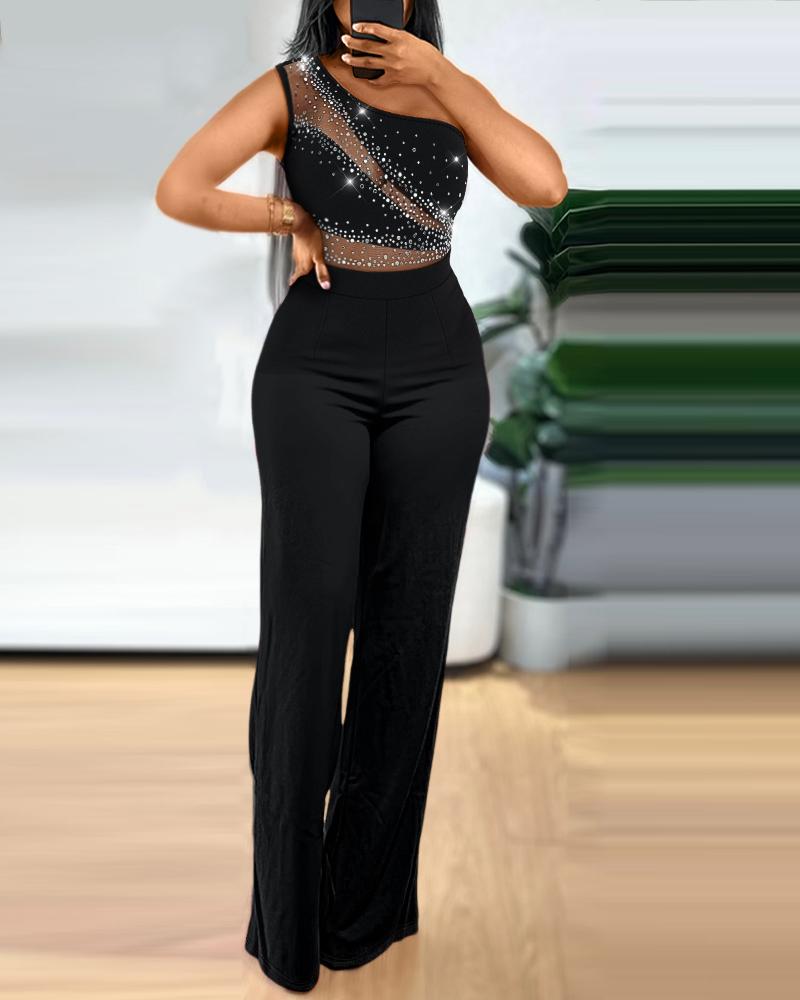 

Macacão sem mangas com decote torto e strass, malha transparente, elegante, Black