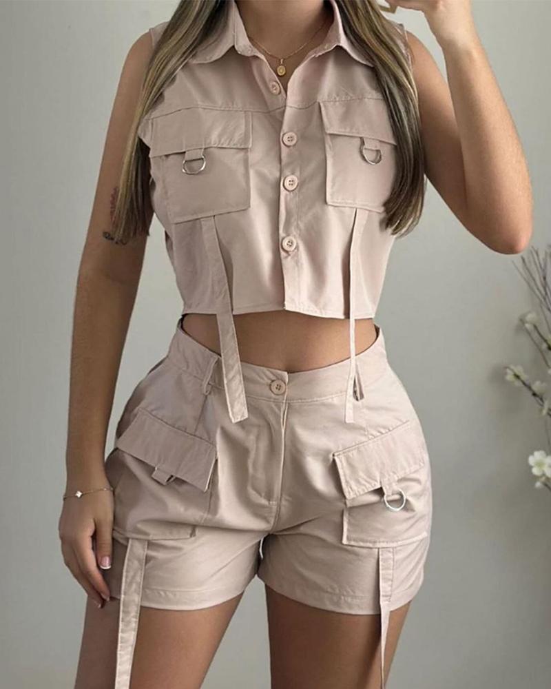 

Turn-down Collar Buttoned Pocket Design Top & Shorts Set, Apricot