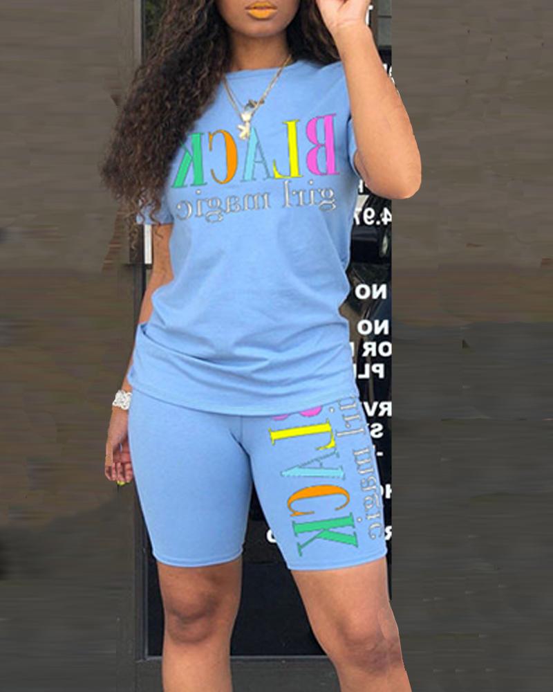 

Letter Print T-shirt & Short Set, Blue