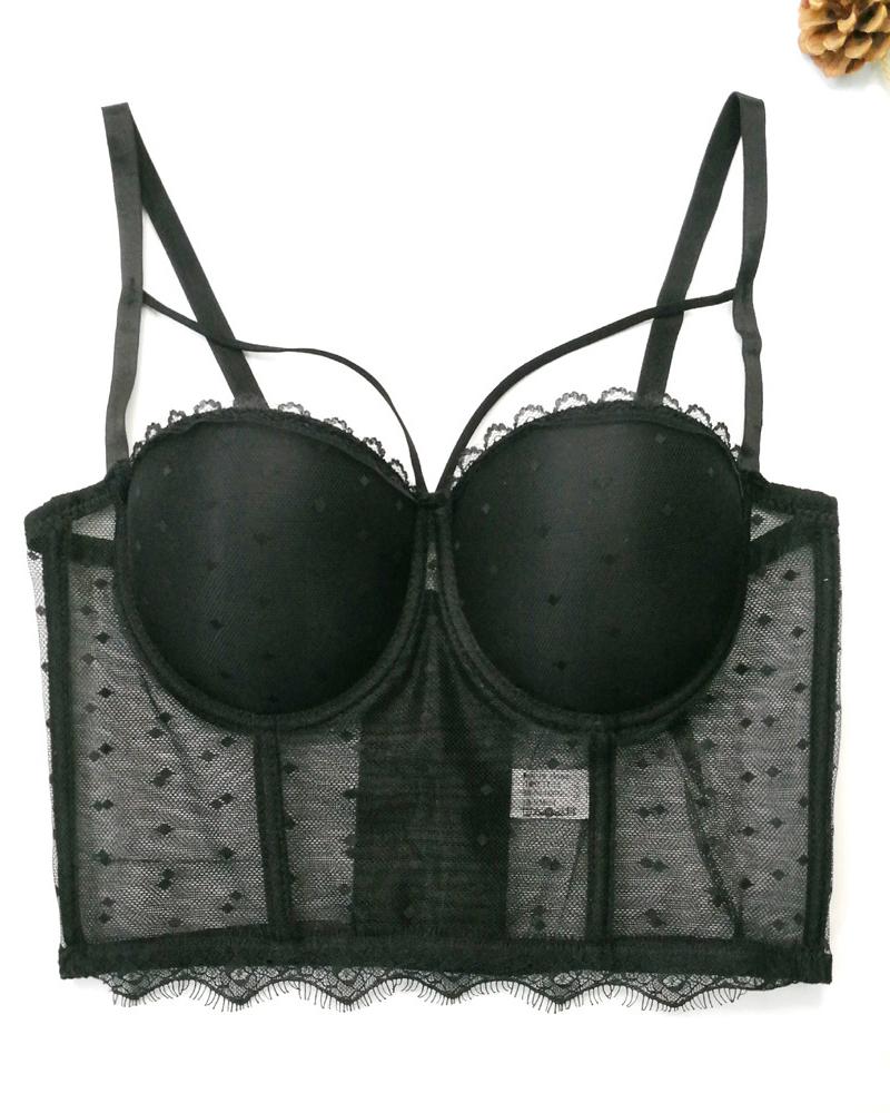 

Swiss Dot Push Up Lace Trim Corset Top, Black