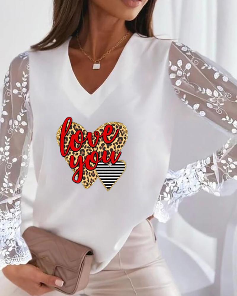 

Cheetah Striped Letter Heart Print Lace Long Sleeve Top, White