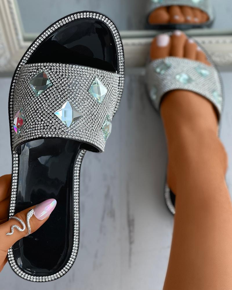 

Square Rhinestone Decor Slide Slippers, Black