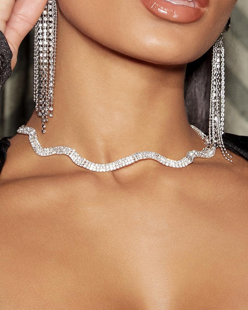 

1PCS Allover Rhinestone Asymmetrical Chain Necklace, Silver