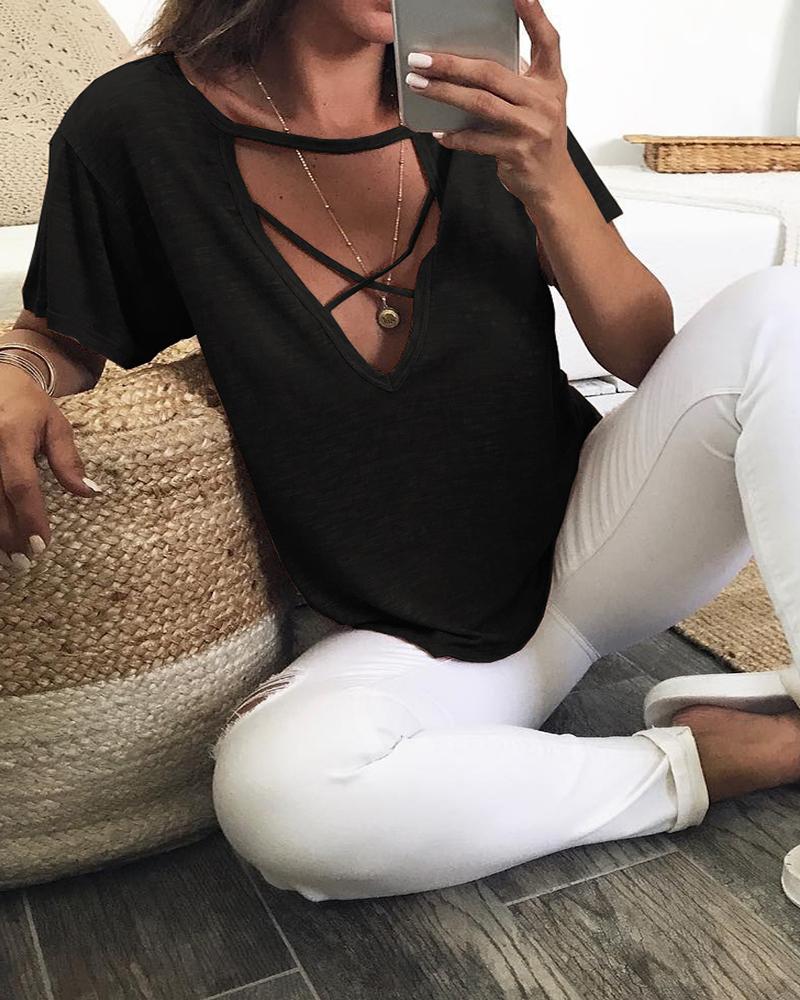 

Bandage Cutout Short Sleeve Casual T-shirt, Black