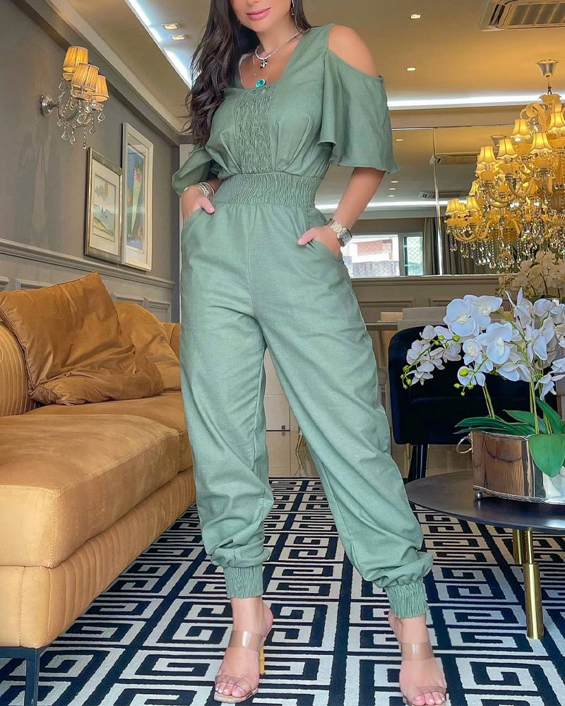 

Cold Shoulder Pocket Detail Shirred Jumpsuit, Green