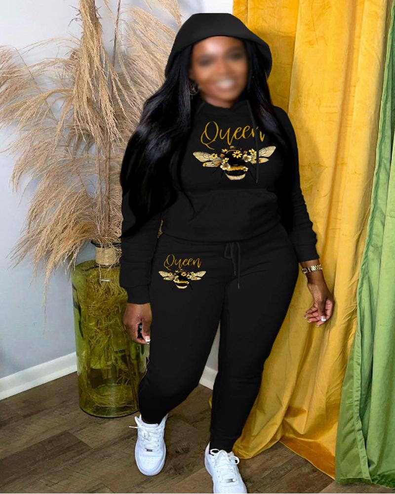 

Plus Size Letter Bee Print Casual Hoodie & Pants Set, Black