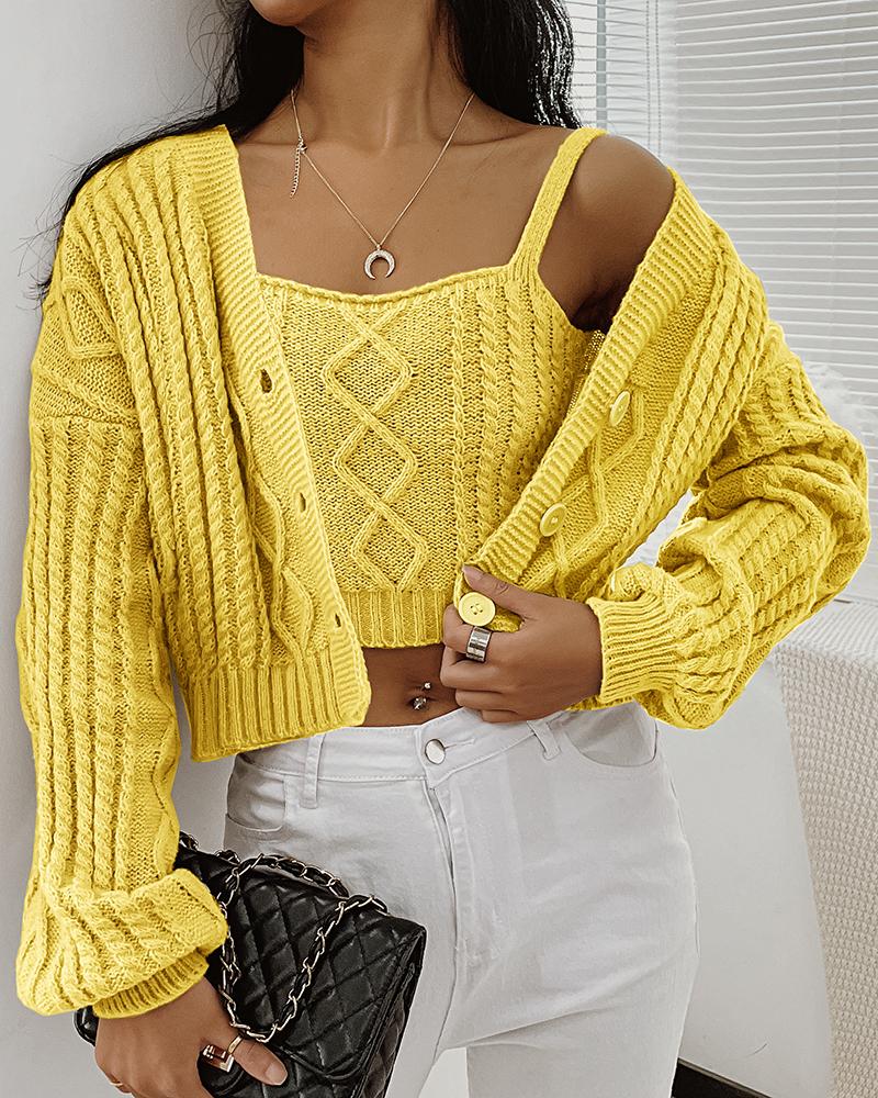 

Braided Buttoned Crop Cardigan With Cami Top, Yellow