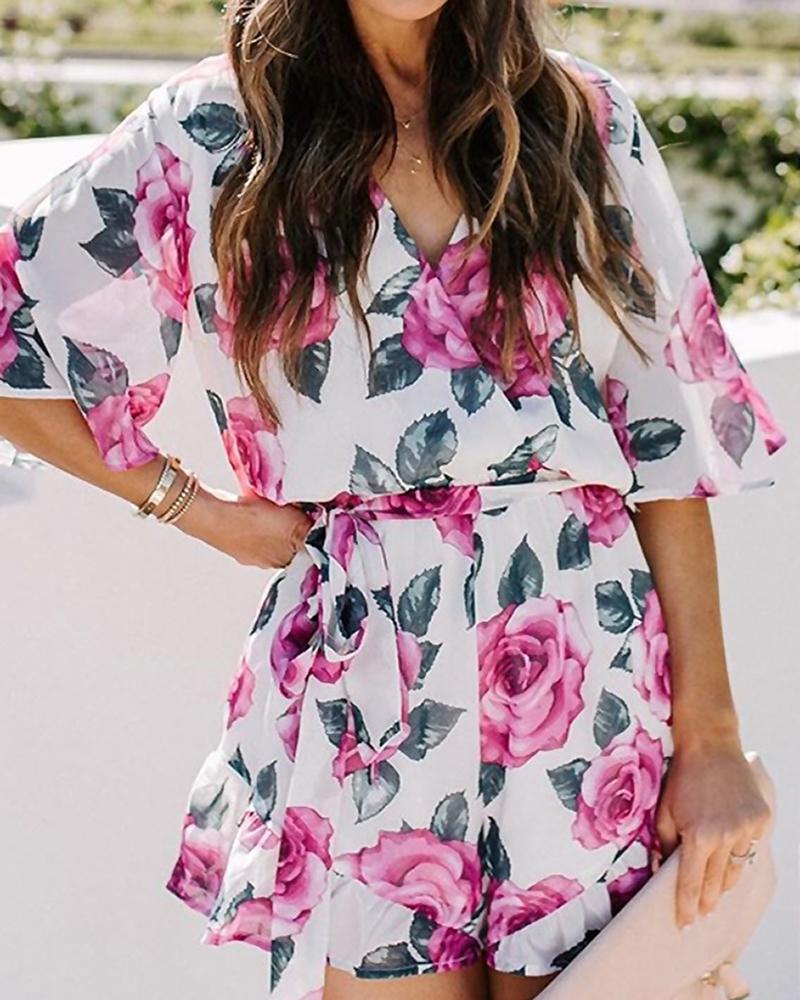 

Floral Print Half Sleeve Ruffles Romper, Hot pink