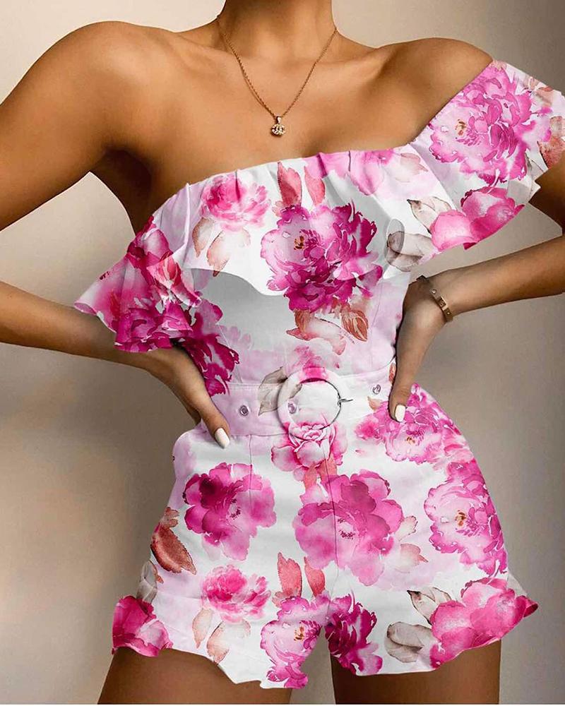 

One Shoulder Ruffles Floral Print Romper, Hot pink
