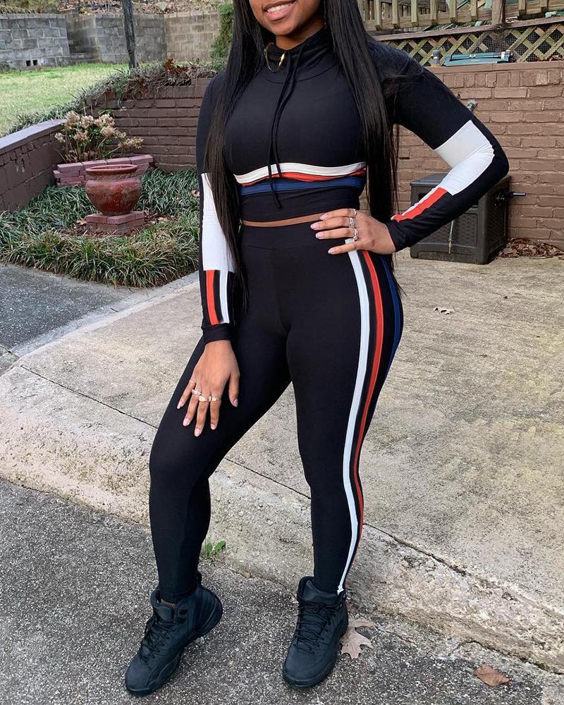

Colorblock Long Sleeve Crop Top & Skinny Pants Set, Black