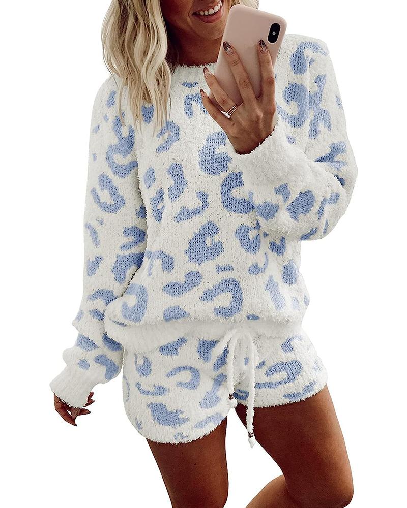 

Leopard Pattern Drawstring Fuzzy Pajamas Set, Lighted blue