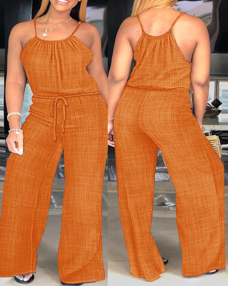 

Plus Size Spaghetti Strap Stright Leg Drawstring Jumpsuit, Orange