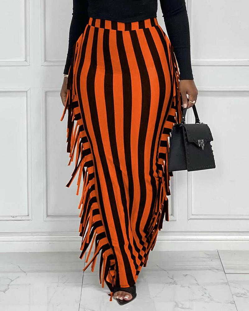 

High Waist Striped Print Tassel Design Maxi Skirt, Orange