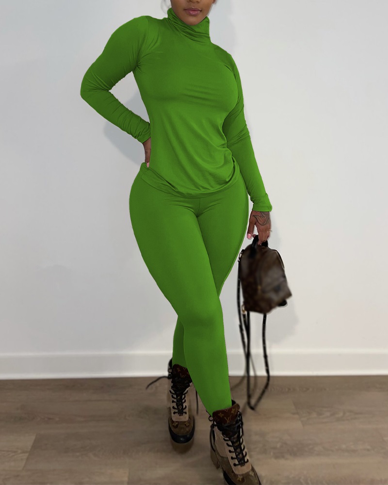 

Long Sleeve High Neck Top & Pants Set, Green