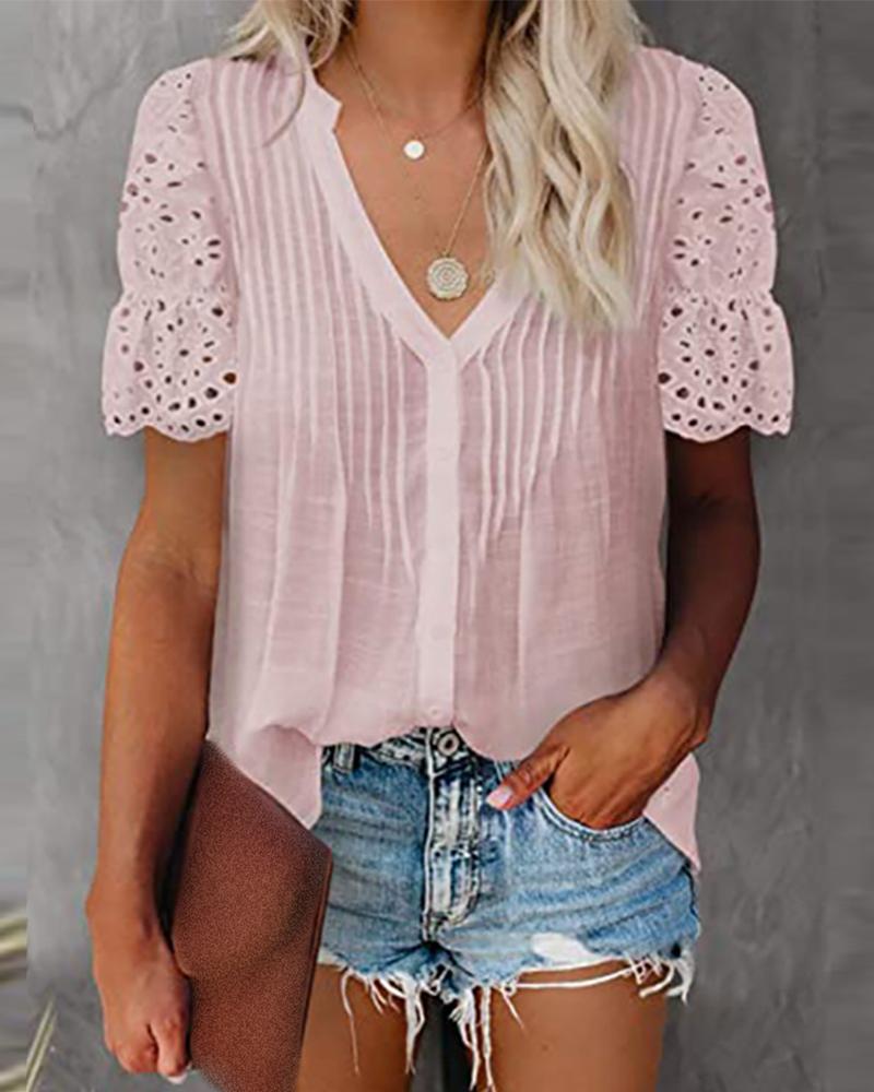 

V Neck Eyelet Embroidery Sleeve Button Design Top, Pink