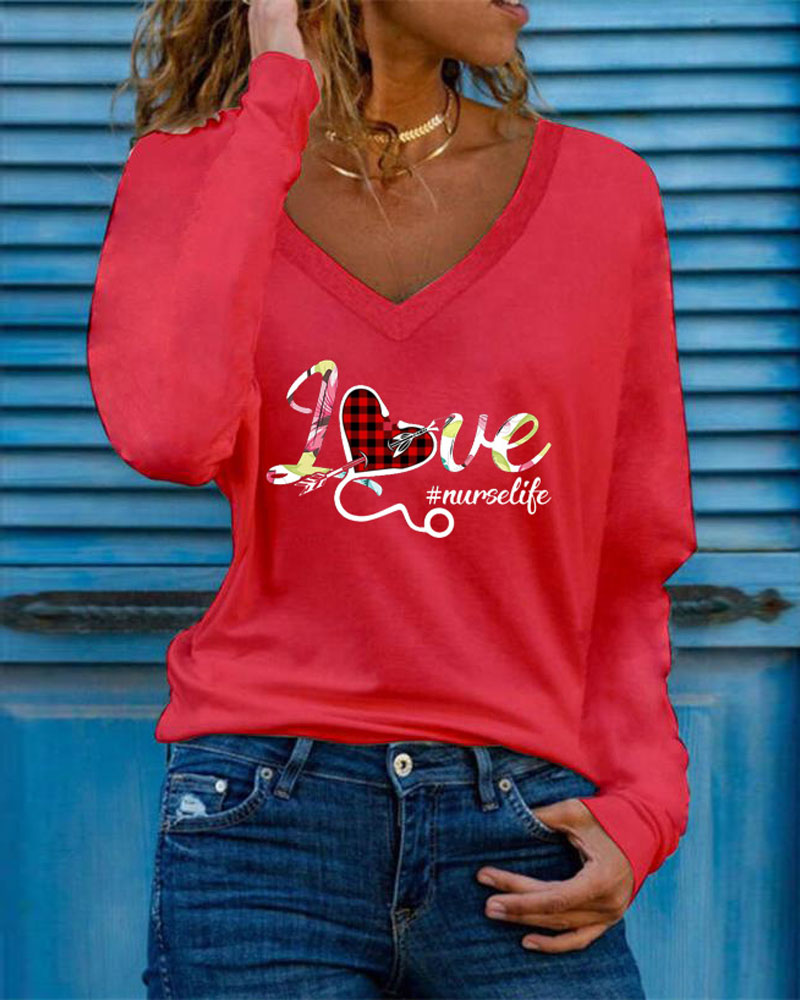 

Love Pattern Print Long Sleeve V-Neck Top, Red