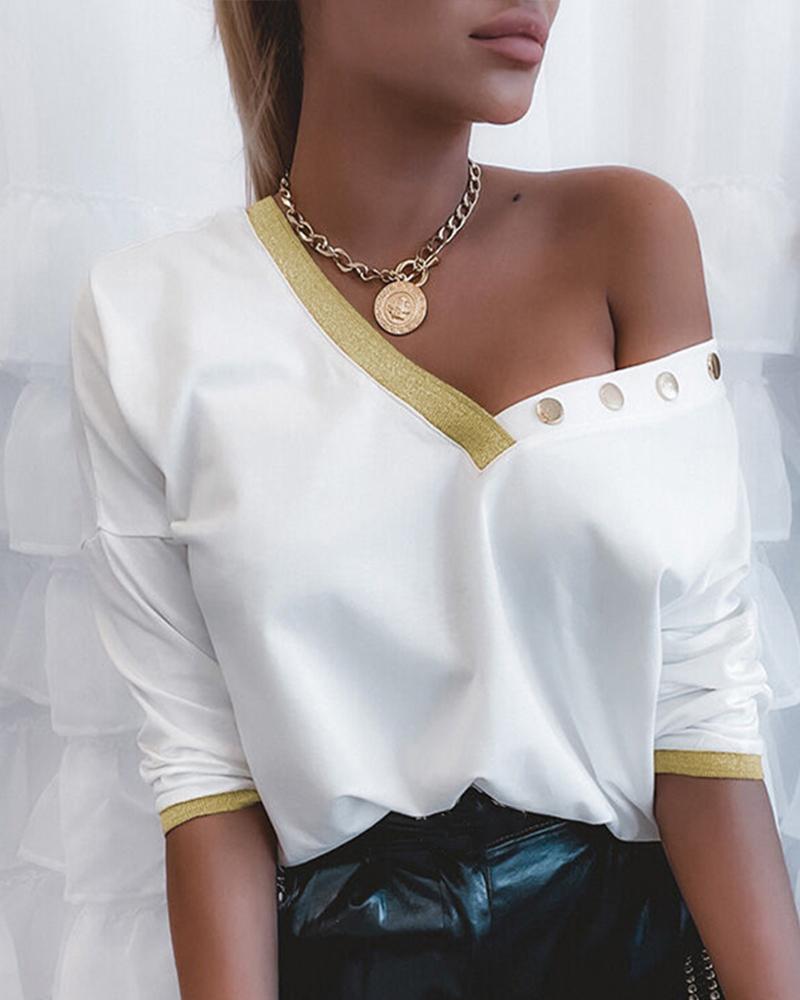 

Half Sleeve Button Decor Glitter Colorblock Top, White