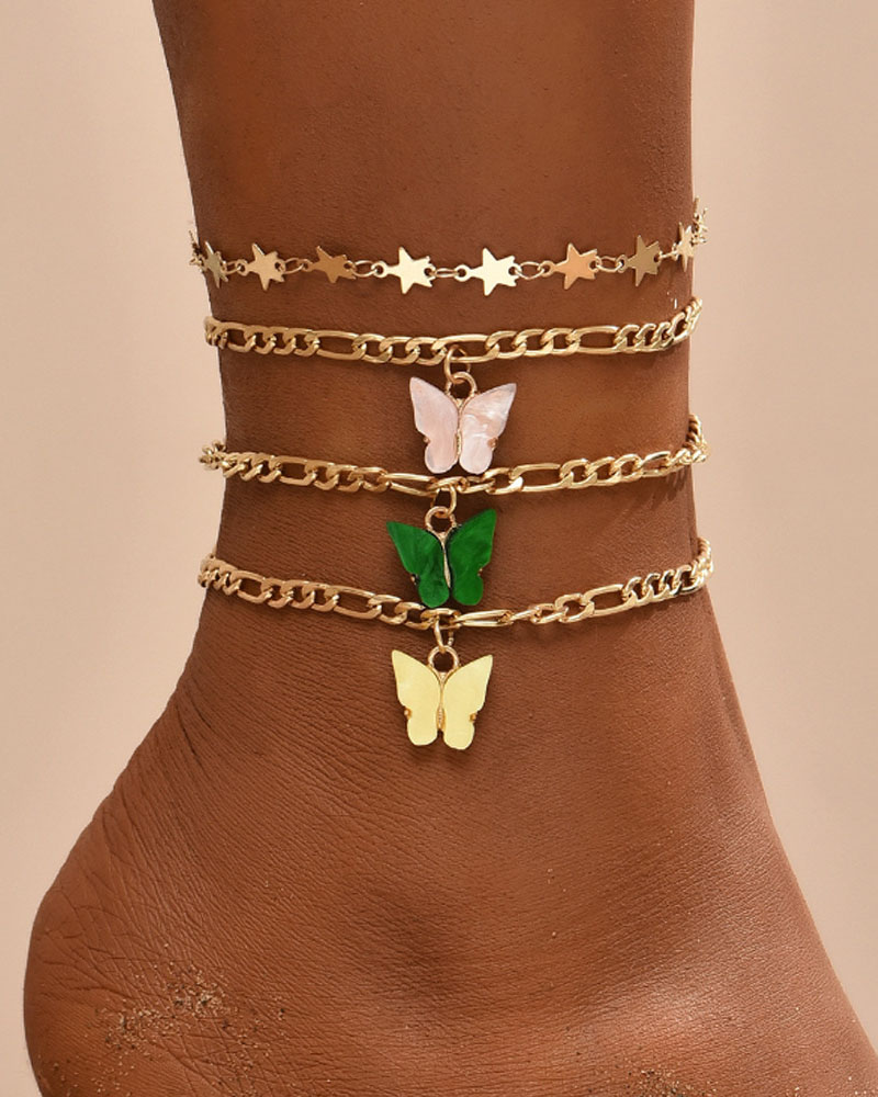 

Star & Butterfly Charm Chain Anklet Set, Gold